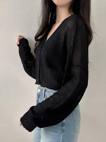 Women's Solid Color V-Neck Drop Shoulder Long Sleeve Single-Breasted Casual T-Shirt - Black - View 6
