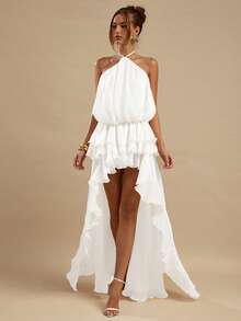 SHEIN BAE Đầm màu mơ cổ yếm hở lưng eo thấp vạt bất đối xứng, đầm đi nghỉ mát thanh lịch, đầm dự lễ hội âm nhạc, đầm màu mơ, đầm dài duyên dáng, đầm đi biển, phong cách quý tộc cổ điển, đầm dài đi chơi. - trắng - Xem 7