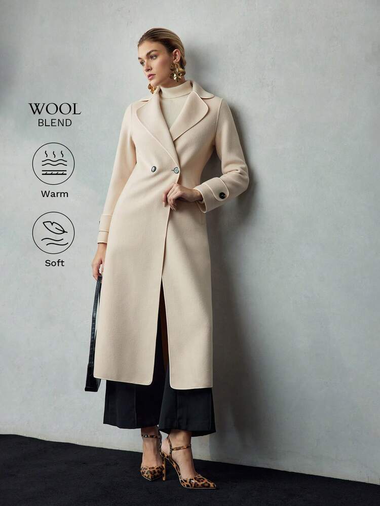 WOOL SOLID LAPEL COLLAR PEA OVERCOAT