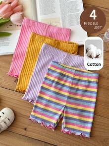 SHEIN 4pcs Baby Girl Knitted Solid Striped Casual Fitted Shorts Set - Multicolor - View 4