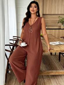 Weeklong White Plus-Size Jumpsuit - Sleeveless, V-Neck & Loose Fit, Suitable For Daily Wear & Office Commute, Spring & Summer Outfit - Rust Brown - View 3