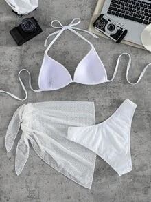 Swim SXY 3件套夏季度假性感纯色挂脖三角罩杯比基尼套装，带系带迷你裙 - 白色 - 查看 4