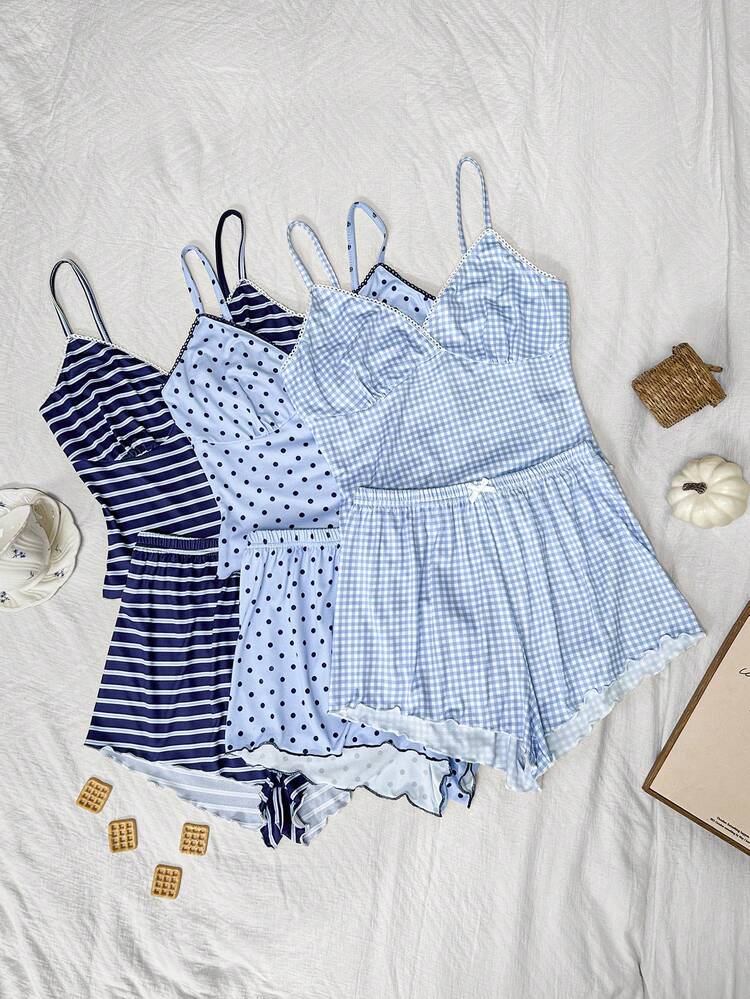 Bộ 3 món đồ ngủ nữ gồm áo hai dây ôm sát và quần short, họa tiết kẻ caro xanh, chấm bi, sọc, đồ ngủ đồng bộ cho bạn bè/chị em gái. - Màu xanh lam - Xem 7
