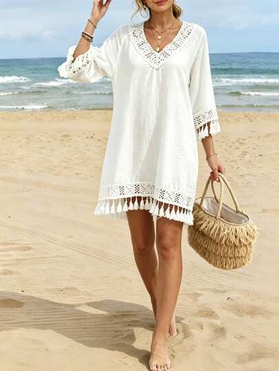 SHEIN Holidaya Women's White Boho Beach Cover Up, Crochet Trim Tassel Dress, V Neck 3/4 Sleeve Casual Cover Up Dress, Lightweight Breathable For Summer Vacation, Beach Swimwear Cover, Pool Party And Daily Casual Wear
