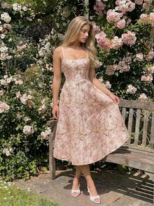 SHEIN Dusty Pink 3D Floral Jacquard Spaghetti Strap Square Neck Midi Dress Women Elegant Summer Layered Wedding Ninang Guest Cocktail Prom Fairycore Dress - Baby Pink - View 9