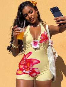Vaytide New Summer Boho Beach Beach Vacation Holiday Holiday Halter One-Piece Swimsuit With Orchid Decor, Supportive And , Available In Pink Floral And Colors - Multicolor - View 2