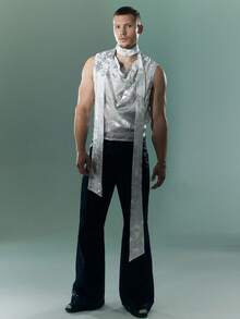 FeverCity Men's Fashionable Sleeveless Shirt With Metallic Trim Collar - White - View 5