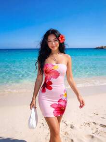 SHEIN Sweetina 度假风印花抹胸迷你连衣裙 - 粉色 - 查看 4