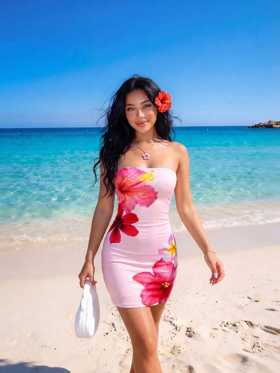 Sweetina Vestido mini con estampado floral tipo bandeau para vacaciones - Rosa - Ver 1