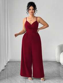 Elenzga Fashionable Casual Romantic Retro Elegant V-Neck Waist Cinched Jumpsuit For Commuting - Red - View 5