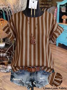 Linhara Women's Summer Striped Round Neck Ruffle Sleeve Retro Casual Blouse, Suitable For Weekend Shopping, Cafe Visits, Commuting, Daily Wear - Coffee Brown - View 1