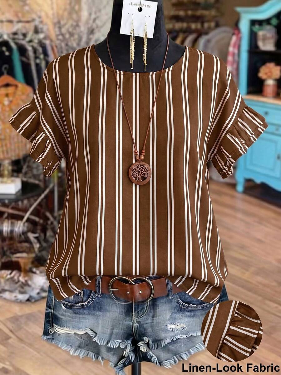 Linhara Women's Summer Striped Round Neck Ruffle Sleeve Retro Casual Blouse, Suitable For Weekend Shopping, Cafe Visits, Commuting, Daily Wear - Coffee Brown - View 1