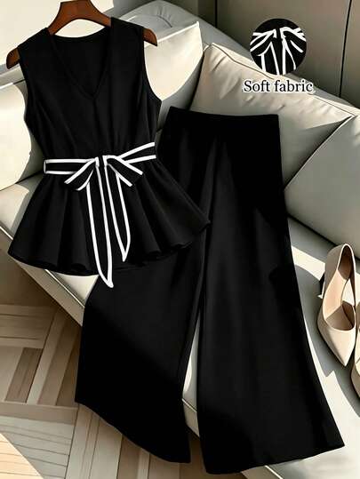 GlowEve CURVE Bộ đồ 2 món cỡ lớn mùa hè, kiểu dáng thường ngày, gồm áo tank top cổ tròn và quần ống rộng, thích hợp đi làm.