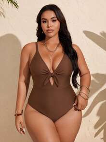 Swim Vcay Bộ đồ bơi liền thân cỡ lớn dành cho nữ, thời trang, gợi cảm, họa tiết da báo, cổ chữ V, thắt nơ, thiết kế khoét rỗng, dây đeo có thể điều chỉnh, thích hợp cho kỳ nghỉ thường ngày. - Cà phê nâu - Xem 5