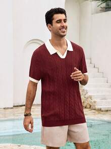 Mercer Haus Men's Contrast Color Short Sleeve Knitted Cable Textured Polo Shirt - Red Violet - View 4