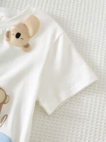Cozy Pixies 2 pièces/set Top à manches courtes col rond en tricot doux avec imprimé animal de dessin animé pour jeune garçon et short à taille élastique - Vert - Voir 5