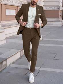 Manfinity Mode Coffee 's 2 Pieces Formal Suit, Solid Color Blazer And Pants Set, Business Casual Autumn Wedding Suit Prom, Simple Fashion Daily Wear Gift, Ceremony - Brown - View 4
