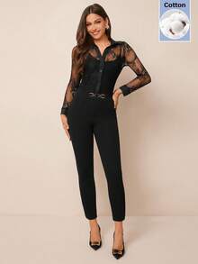 Amorya Women's Cotton Black High Waist Metallic Buckle Detail Skinny Pants Cropped Trousers Slim Fit Slacks For Work Autumn Elegant - Black - View 3