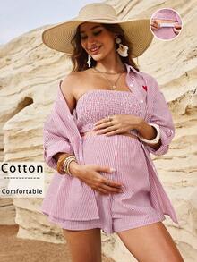 Boho Mama Pink And Blue Autumn Outfits,Maternity Cotton Set,Boho Heart Embroidery Long Sleeve Shirt,Tube Top Adjustable Shorts,Beach Holiday Resort Style - Pink - View 1