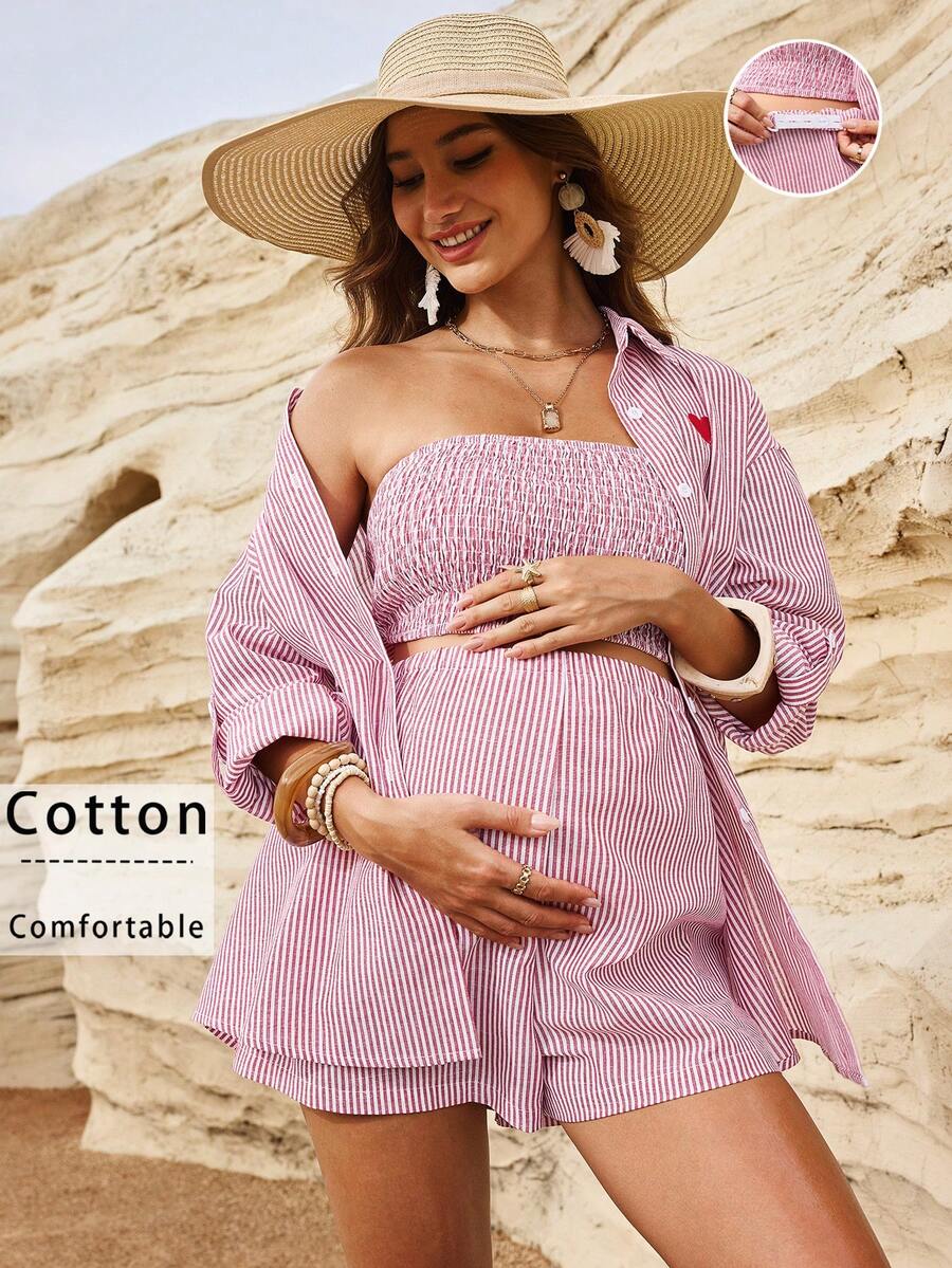 Boho Mama Pink And Blue Autumn Outfits,Maternity Cotton Set,Boho Heart Embroidery Long Sleeve Shirt,Tube Top Adjustable Shorts,Beach Holiday Resort Style - Pink - View 1