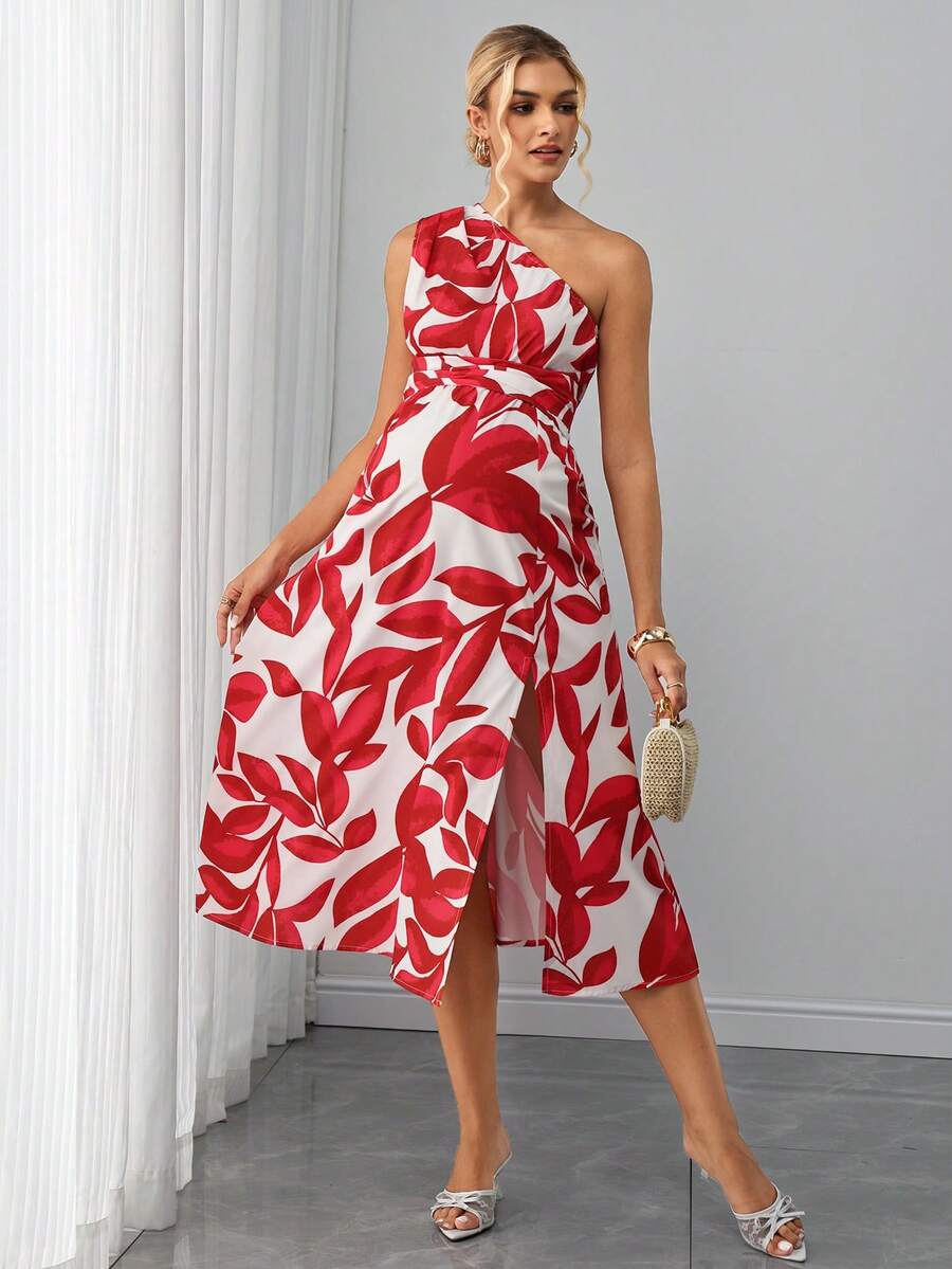 Momance Vestido de maternidad con bloques de color, estampado de hojas rojas, cuello asimétrico, abertura, un hombro para mujeres, blanco, verano, invitada de boda, invitada de boda de maternidad, vacaciones - Multicolor - Ver 1