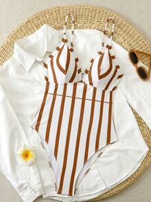SHEIN Swim Chicsea 女士红白竖条纹吊带性感沙滩度假连体泳衣 - 紅白色 - 查看 8
