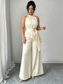 Elenzga Plus Size Solid Color Mandarin Collar Sleeveless Asymmetrical Hem Tank Top And Straight Leg Pants 2-Piece Set - Apricot - View 4