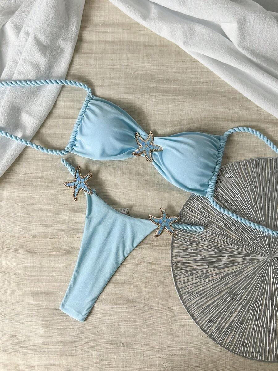 Swim Mod 2件套渐变随机花卉印花绳饰蓝色海星抹胸比基尼泳衣套装，性感女士夏季度假泳装沙滩邮轮旅行两件套泳衣 - 淺藍色 - 查看 1