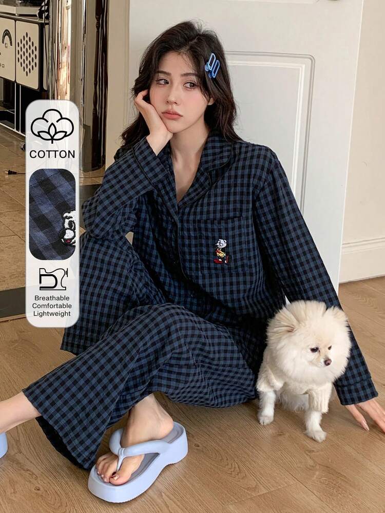 Tall Women's Plaid Embroidered Collar Shirt And Pants Casual 2 Pieces Set Lounge Sets For Women