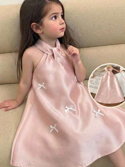 SHEIN 女童乳白色露背A字连衣裙，饰有珍珠串珠大蝴蝶结，可爱公主裙，适合派对、拍照、外出、日常穿着，百搭