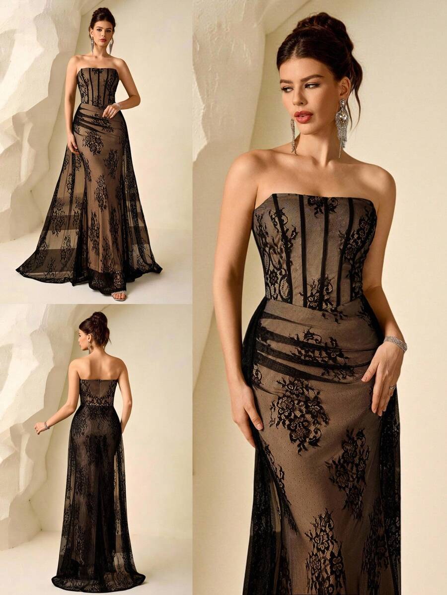 Coutiva Women's Elegant Ruched Lace Formal Evening Gown (Embellished)
