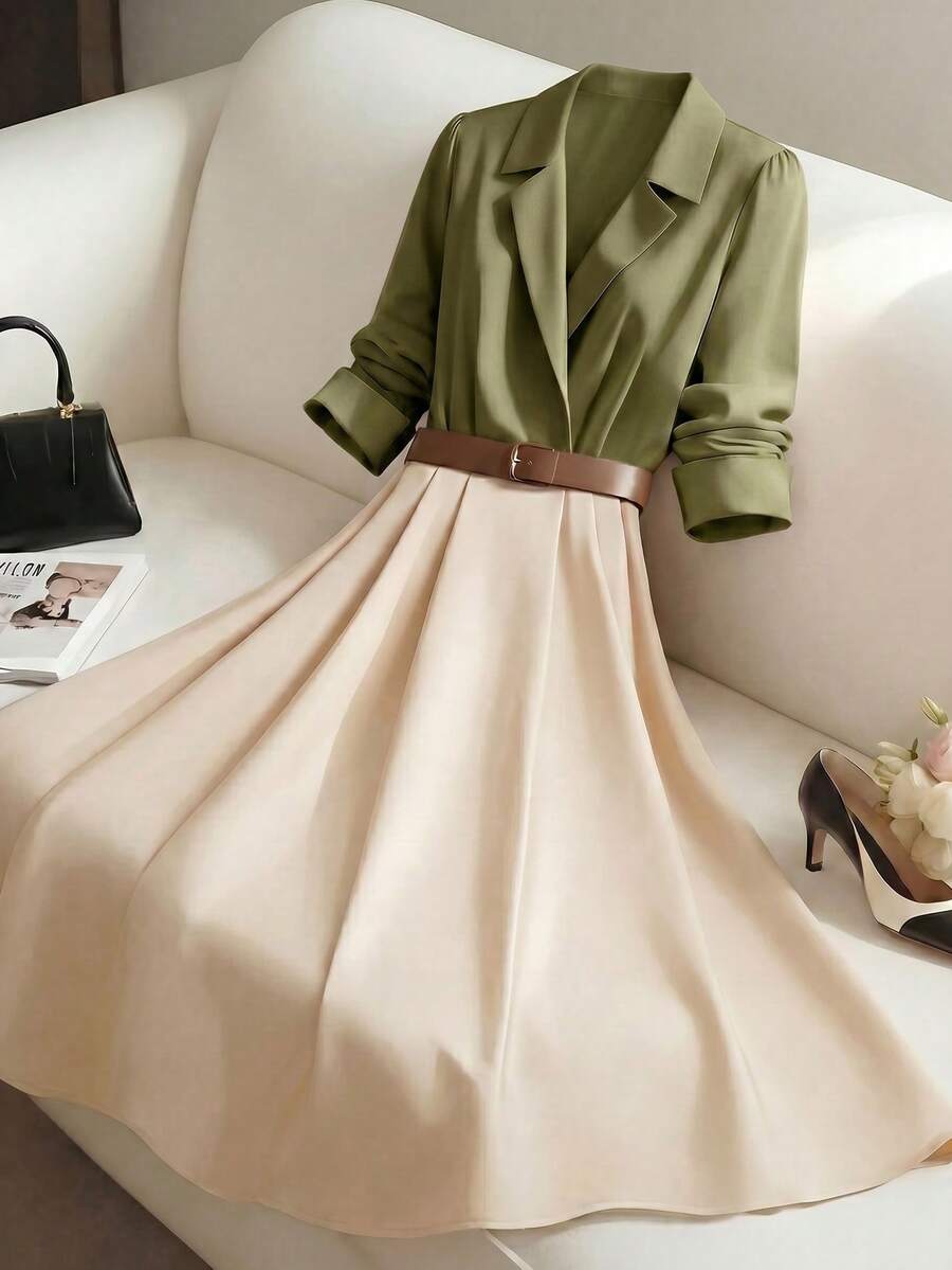 GlowEve Vestido camisa de manga larga con bloque de color, cintura recogida, silueta evasé, elegante para uso diario, moda de calle francesa, versátil para vacaciones y negocios, otoño/invierno - Multicolor - Ver 1