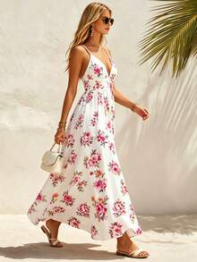Women's V-Neck Floral Print Dress With Spaghetti Straps - White - View 4