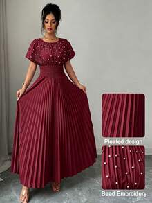Modelyn Đầm nữ màu đỏ tía, màu trơn với họa tiết ngọc trai giả và thiết kế xếp ly, đầm chữ A tay ngắn dài đến mắt cá chân thanh lịch, thích hợp cho mùa xuân và mùa hè, phong cách nữ tính. - Màu Đỏ Sâu - Xem 3