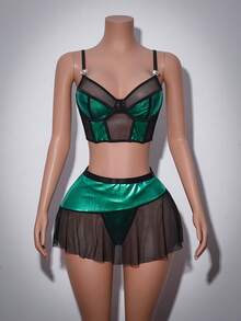 3pcs Women's Sexy Lingerie Set, Including Sexy Bra, Panties, And Waist Skirt - Dark Green - View 6