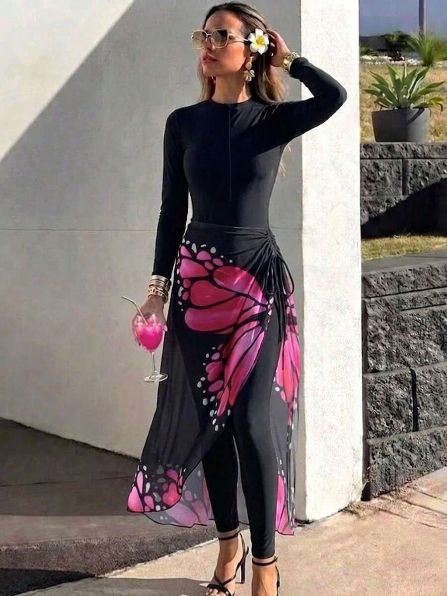 女士圆领布基尼长袖连体裤和蝴蝶印花半裙休闲度假两件套 - 黑色 - 查看 1
