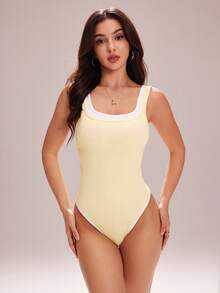 Sovereign Charm Body de punto acanalado de color contrastante para mujer, informal - amarillo ganso - Ver 3