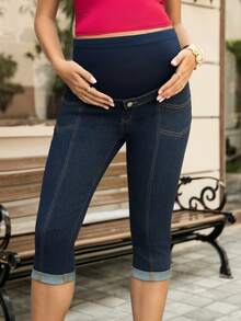 SHEIN Quần jean denim màu xanh đậm dáng thường ngày dành cho bà bầu - Rửa tối - Xem 5