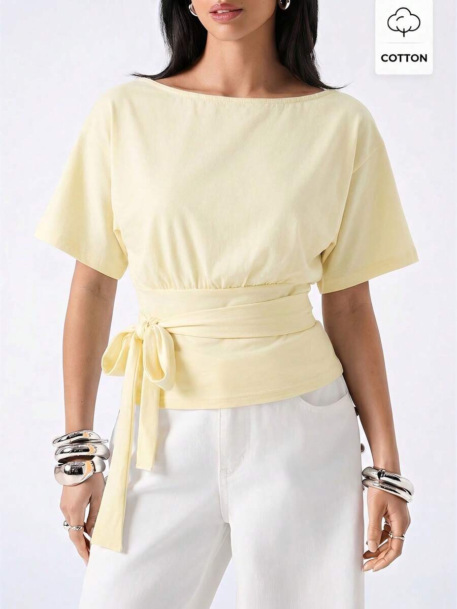 LYSMO Women's Casual Pale Yellow Solid Color Twist Pleated Waist T-Shirt, Suitable For Daily Commute,Summer Top - Light Yellow - View 1