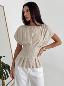 Aloruh Áo thun nữ tay ngắn cổ tròn kẻ sọc, kiểu dáng thanh lịch, thích hợp cho công sở. - Màu Khaki - Xem 5