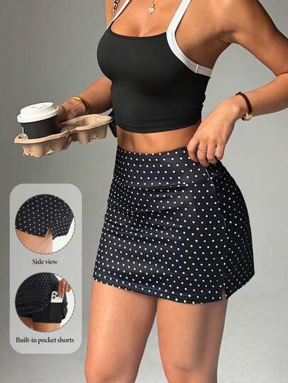 SHEIN Dewbera Women's Black Polka Dot Bodycon A-Line Sports Skirt With Shorts Lining And Pockets, Suitable For Daily Casual Wear, Running, Yoga, Gym, Tennis, Golf
