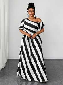 Maweii Vestido Listrado com Ombro Assimétrico Sexy Plus Size - Preto e Branco - Visão 4