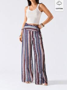 LYSMO 2026 New Minimalist Colorblock Striped Wide Leg Pants, Casual & Office Wear For Women, Spring/Summer - Multicolor - View 7