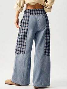 SHEIN BohoFeels New Women's High-Waisted Patchwork Plaid Wide-Leg Casual Jeans In Blue Summer Outfit For Women Winter Clothes Festival Outfits For Women Mothers Day Outfit Beach Outfits Y2k Work Outfits For Women - Multicolor - View 7