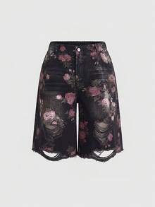 ROMWE Fairycore Quần jeans ống rộng lửng dáng suông cỡ lớn dành cho nữ, in họa tiết hoa cổ điển, đã qua xử lý giặt, dành cho nữ. - màu đen - Xem 1