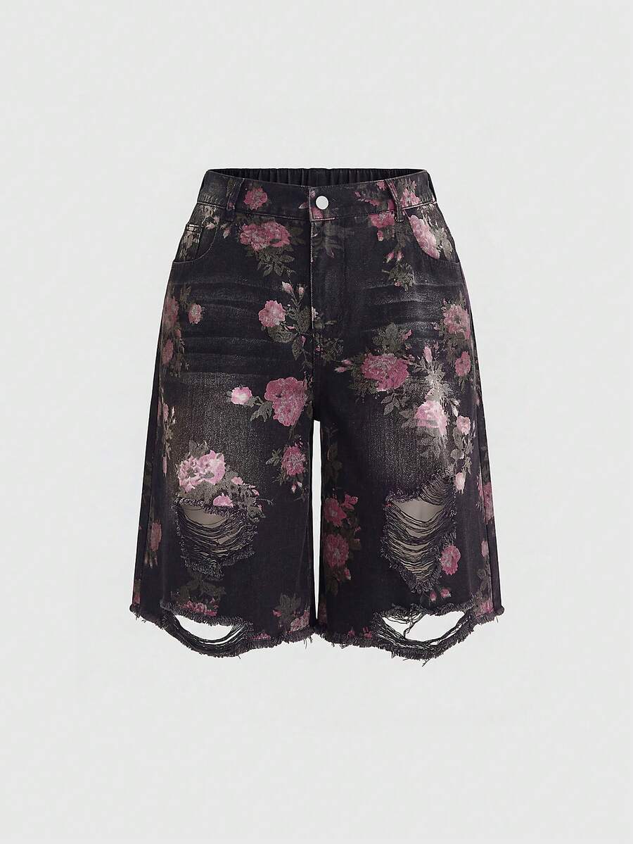 ROMWE Fairycore Quần jeans ống rộng lửng dáng suông cỡ lớn dành cho nữ, in họa tiết hoa cổ điển, đã qua xử lý giặt, dành cho nữ. - màu đen - Xem 1