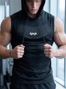 GymBeat Áo tank top thể thao có mũ in hình tạ dành cho nam, trọng lượng 150g. - màu đen - Xem 1
