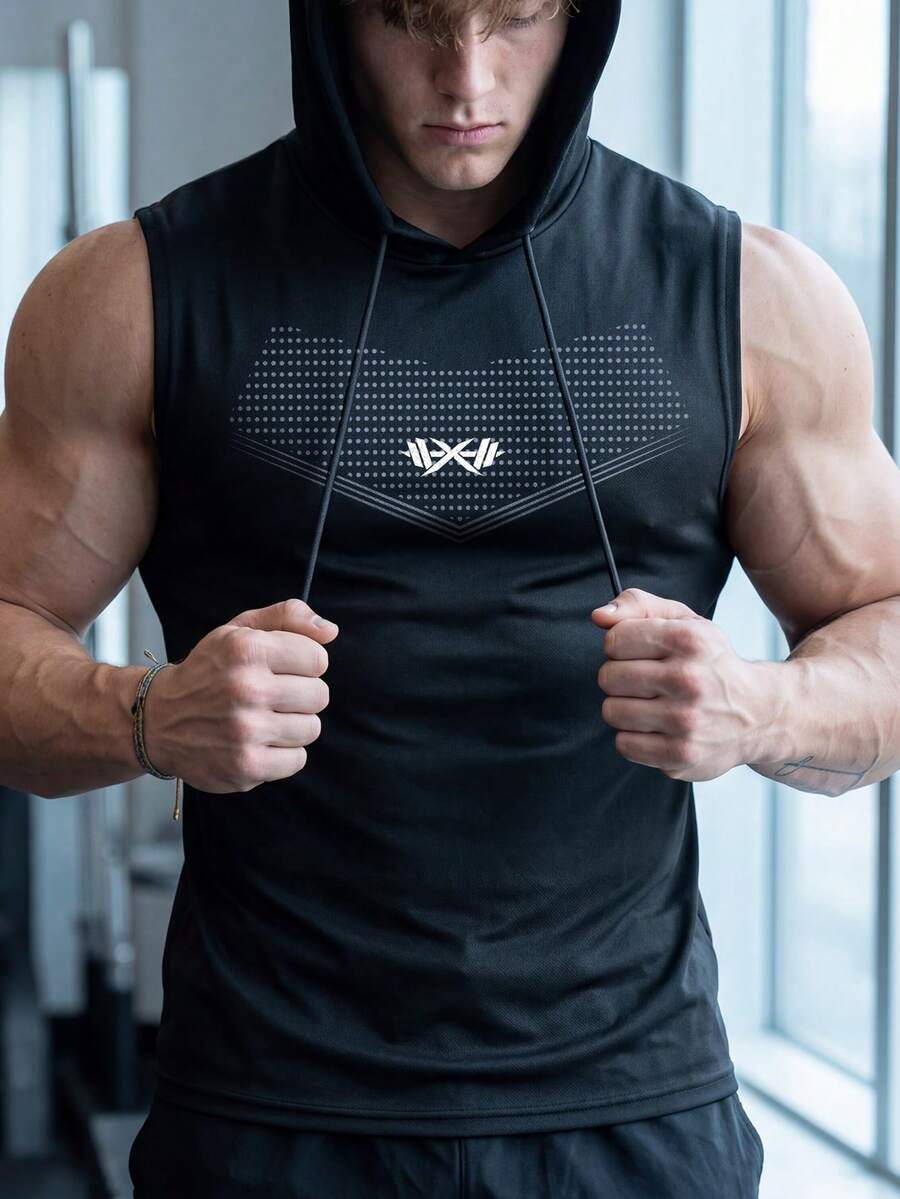 GymBeat Áo tank top thể thao có mũ in hình tạ dành cho nam, trọng lượng 150g. - màu đen - Xem 1