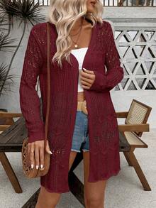 SHEIN LUNE Áo khoác cardigan dài tay nữ màu trơn khoét lỗ, kiểu dáng thường ngày - Màu Đỏ Sâu - Xem 3