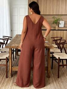 Weeklong White Plus-Size Jumpsuit - Sleeveless, V-Neck & Loose Fit, Suitable For Daily Wear & Office Commute, Spring & Summer Outfit - Rust Brown - View 2